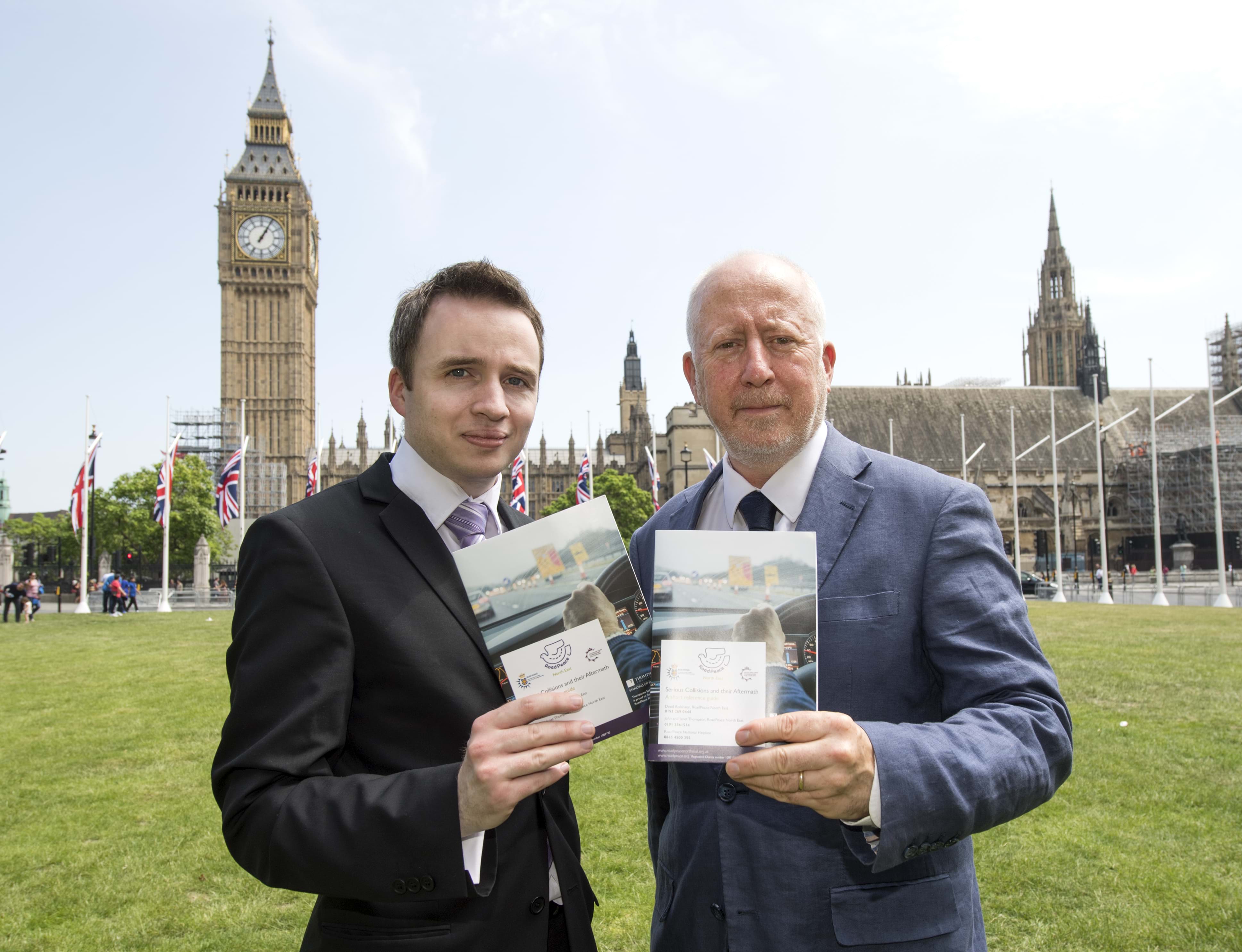 David Robinson, of Thompsons Solicitors, and Andy McDonald MP, at the launch of the RoadPeace guide in Westminster.